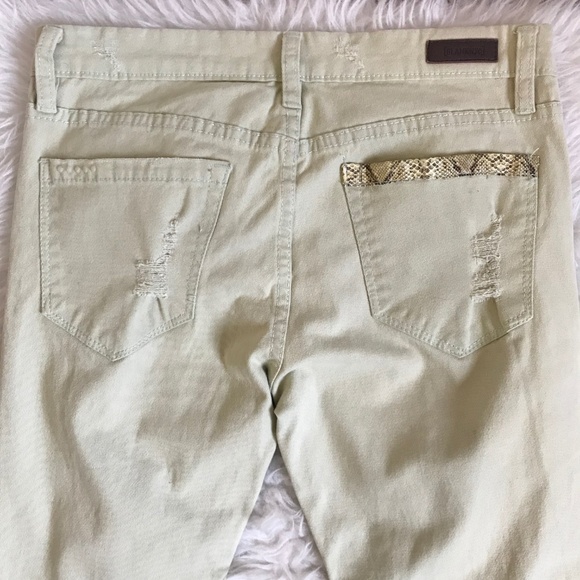 BlankNYC Light Green Distressed Studded Snake Print Trim Mid Rise Skinny Jeans - Picture 5 of 8